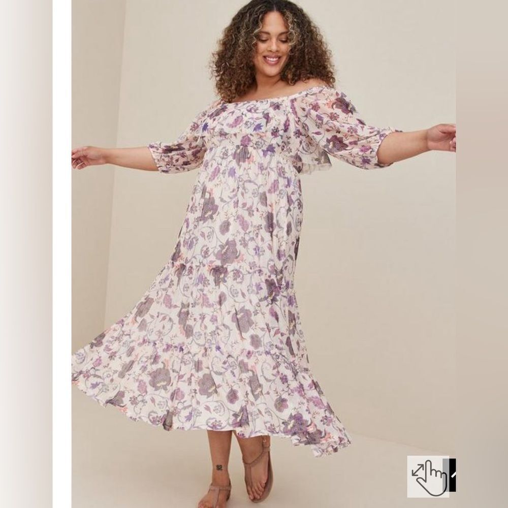 Torrid women’s 6x off shoulder puff sleeve tiered maxi dress floral mesh boho
